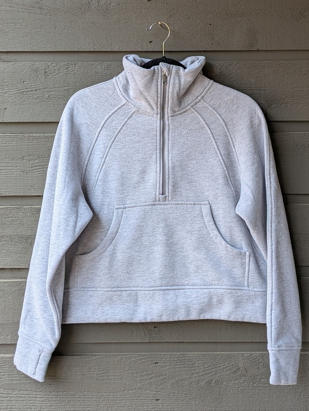 Light Gray Half Zip Cropped Pullover Sweatshirt Thumbholes Women's Small